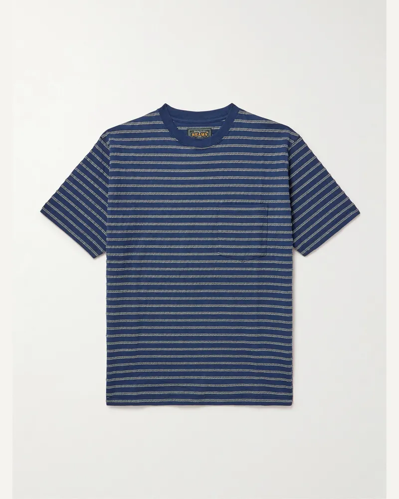 Beams Plus Striped Cotton T-Shirt Blue