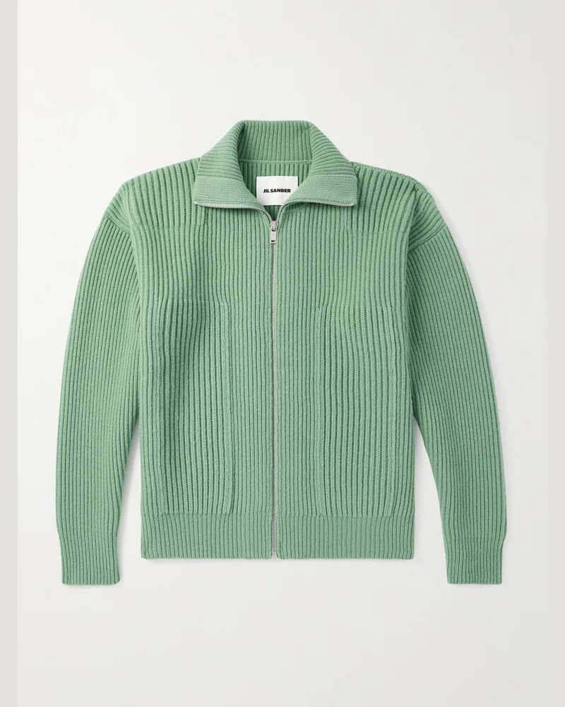 Jil Sander Cardigan aus Wolle in Rippstrick mit Reißverschluss Grün