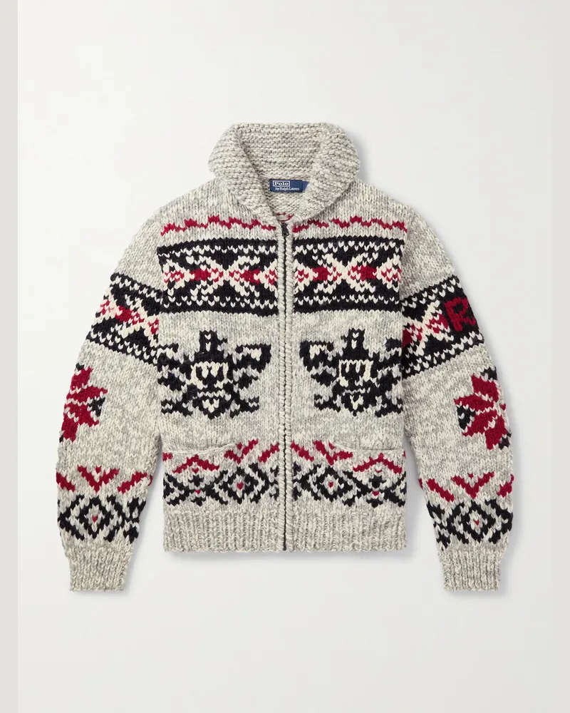 Ralph Lauren Cardigan aus Woll-Jacquard-Strick mit Schalkragen und Reißverschluss Grau