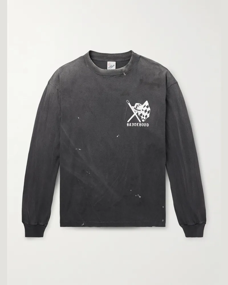 SAINT MXXXXXX Neighborhood Speed Kills Distressed Logo-Print Cotton-Jersey T-Shirt Black