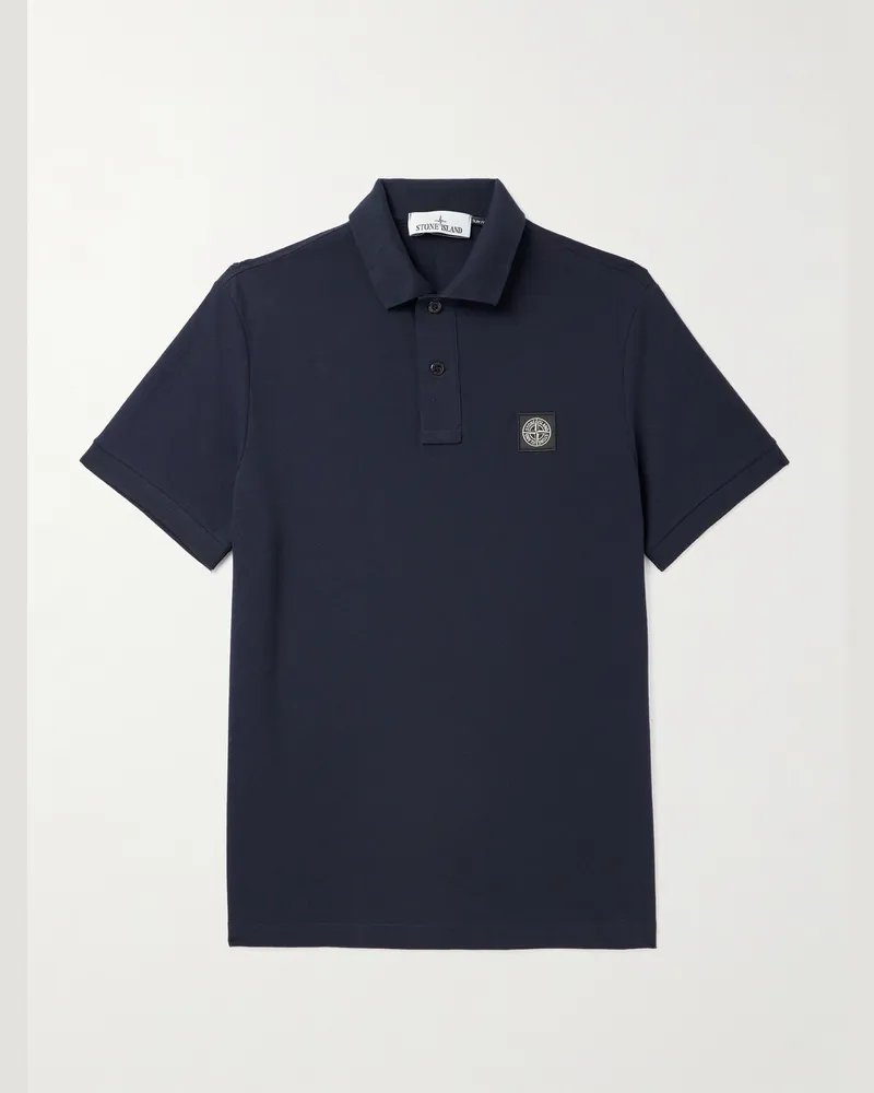 Stone Island Logo-Appliquéd Cotton-Blend Piqué Polo Shirt Blue