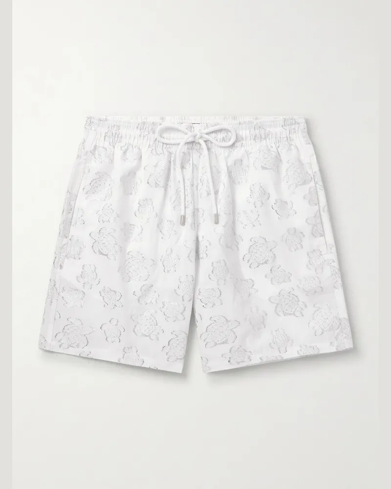 Vilebrequin Moopea Straight-Leg Mid-Length Metallic-Jacquard Swim Shorts White