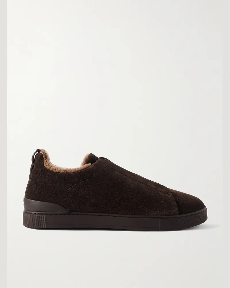 Ermenegildo Zegna Triple Stitch™ Slip-ons aus Veloursleder mit Shearling-Futter Braun