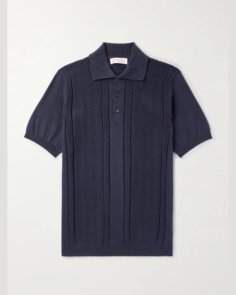Brunello Cucinelli Polohemd aus strukturiertem Baumwollstrick Blau