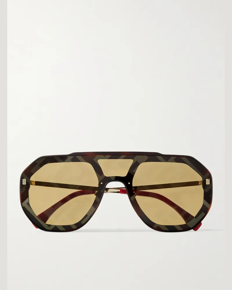 Fendi Pilotensonnenbrille aus Azetat mit goldfarbenen Details und Logoprint Schwarz
