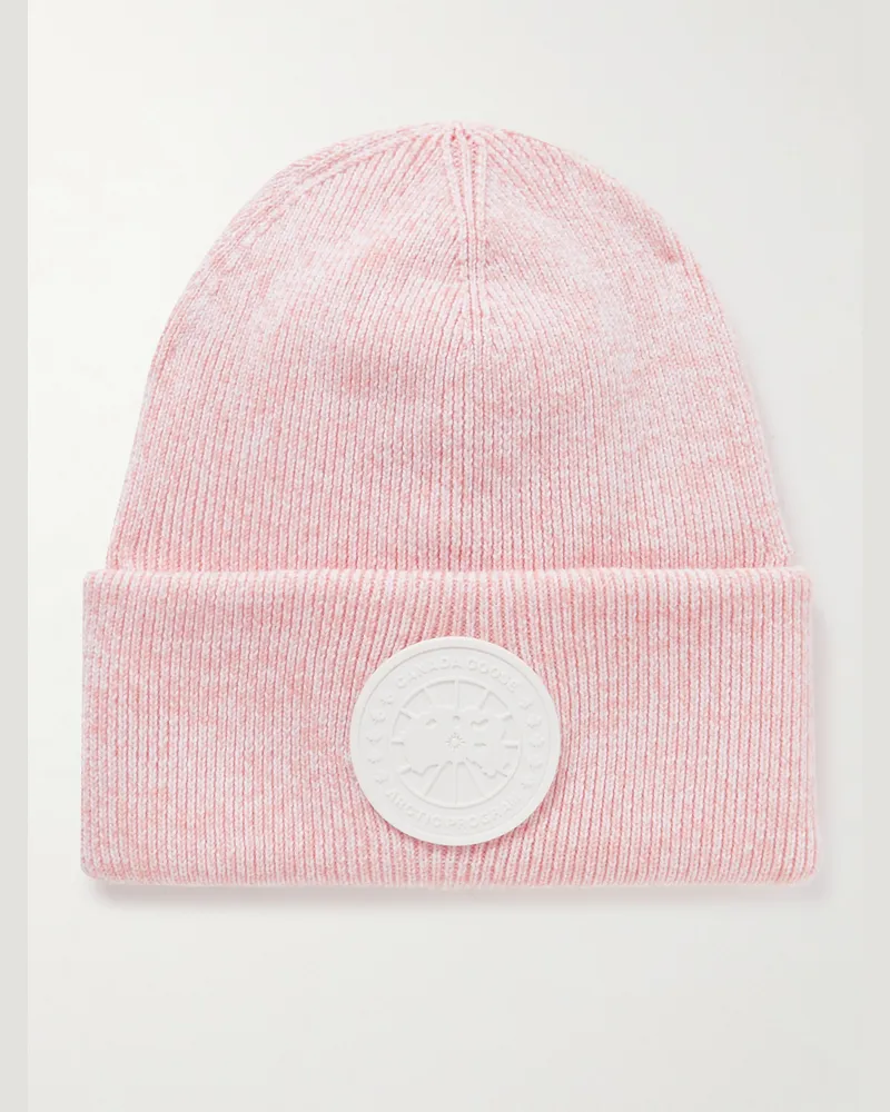 Canada Goose Beanie aus Wolle in Rippstrick mit Logoapplikation Pink