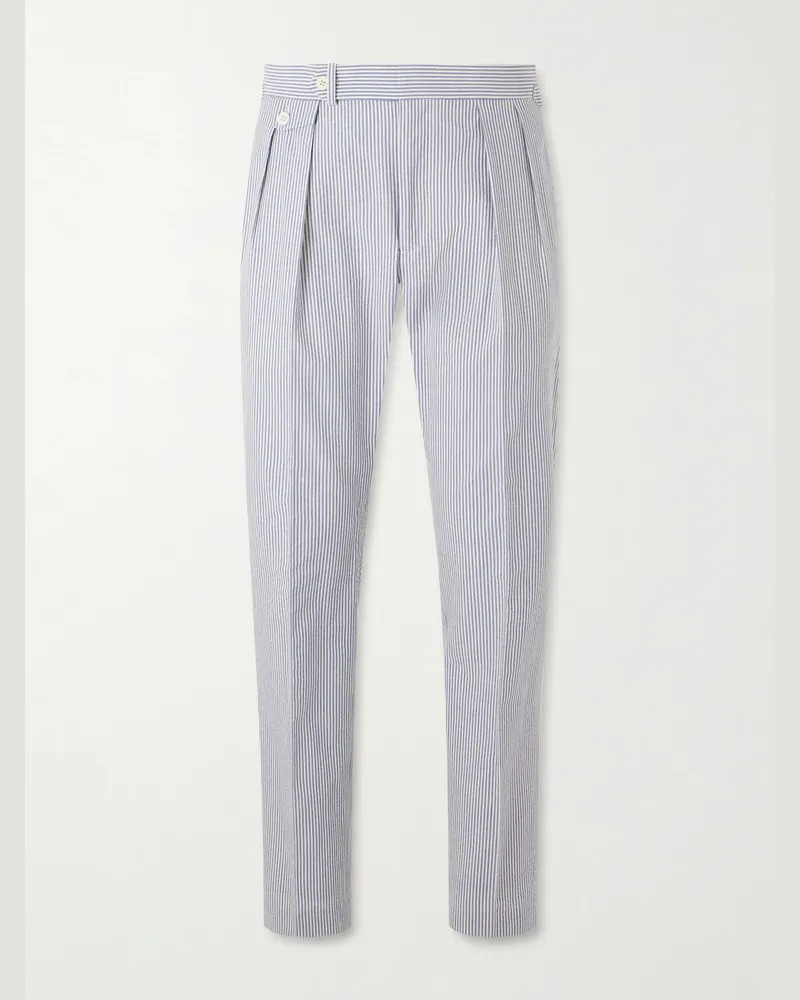Ralph Lauren Tapered Striped Cotton-Seersucker Trousers Blue