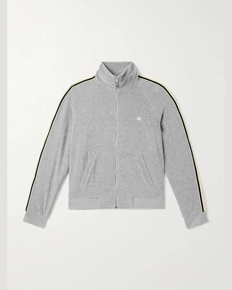 Celine Schmal geschnittene Trainingsjacke aus Velours aus einer Baumwollmischung mit Webband und Logostickerei Grau