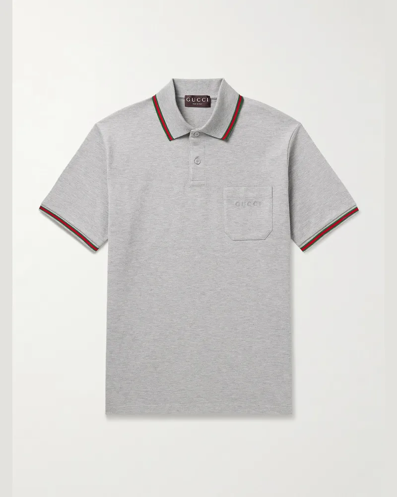 Gucci Logo-Embroidered Cotton-Blend Piqué Polo Shirt Gray