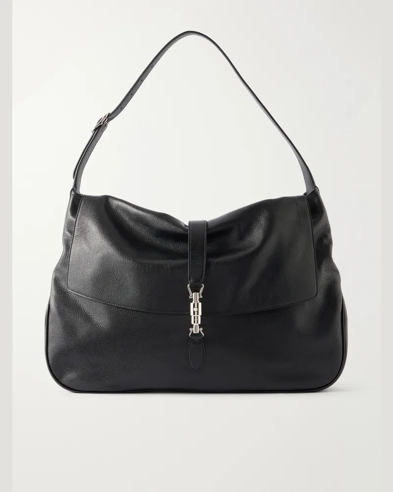 Gucci Jackie Flap Full-Grained Leather Messenger Bag Black