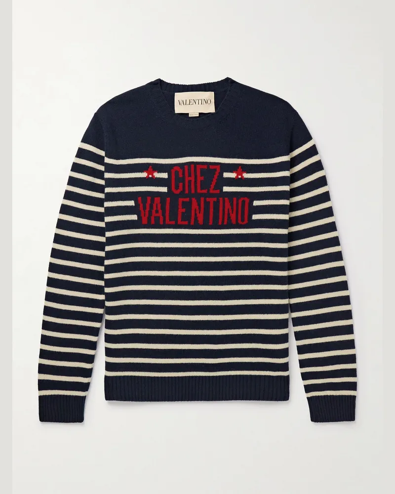 Valentino Garavani Logo-Intarsia Striped Virgin Wool Sweater Blue
