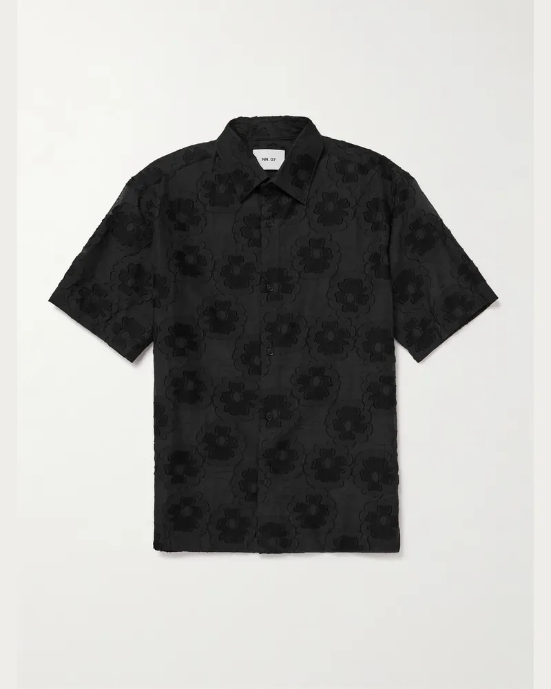 NN 07 Freddy 50045 Floral-Embroidered Organic Cotton-Blend Shirt Black