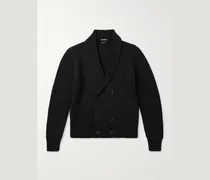 Doppelreihiger Cardigan aus einer Woll-Seidenmischung in Rippstrick mit Schalkragen