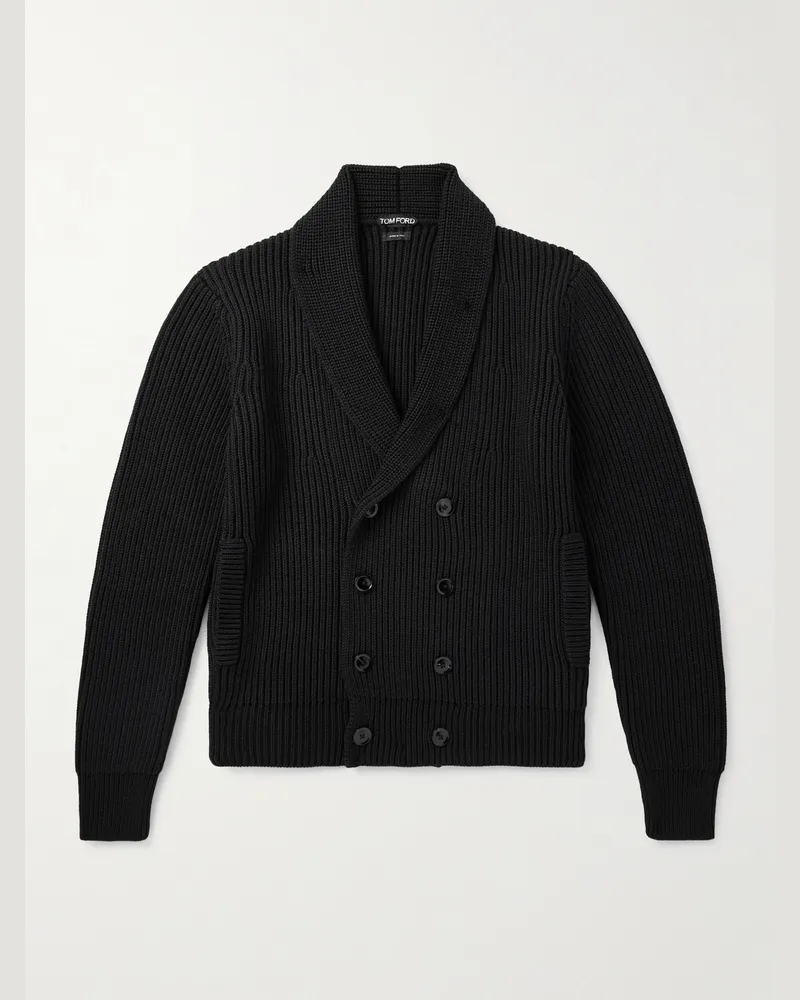 Tom Ford Doppelreihiger Cardigan aus einer Woll-Seidenmischung in Rippstrick mit Schalkragen Schwarz