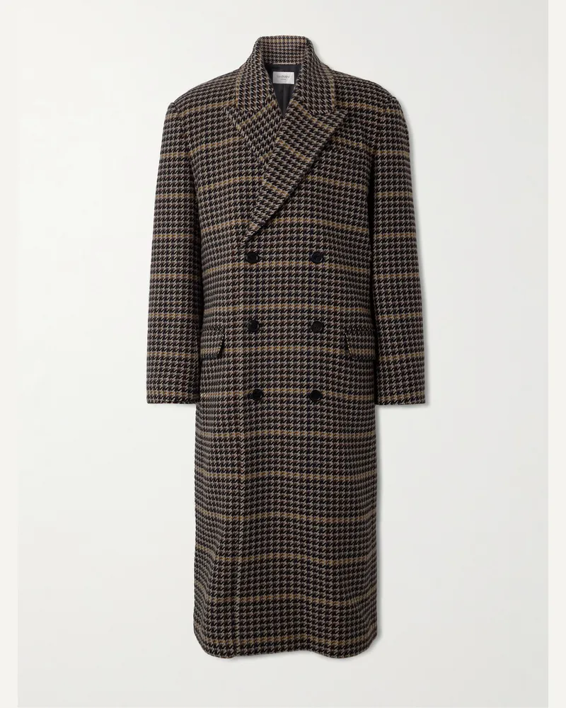 Saint Laurent Double-Breasted Houndstooth Wool Coat Black