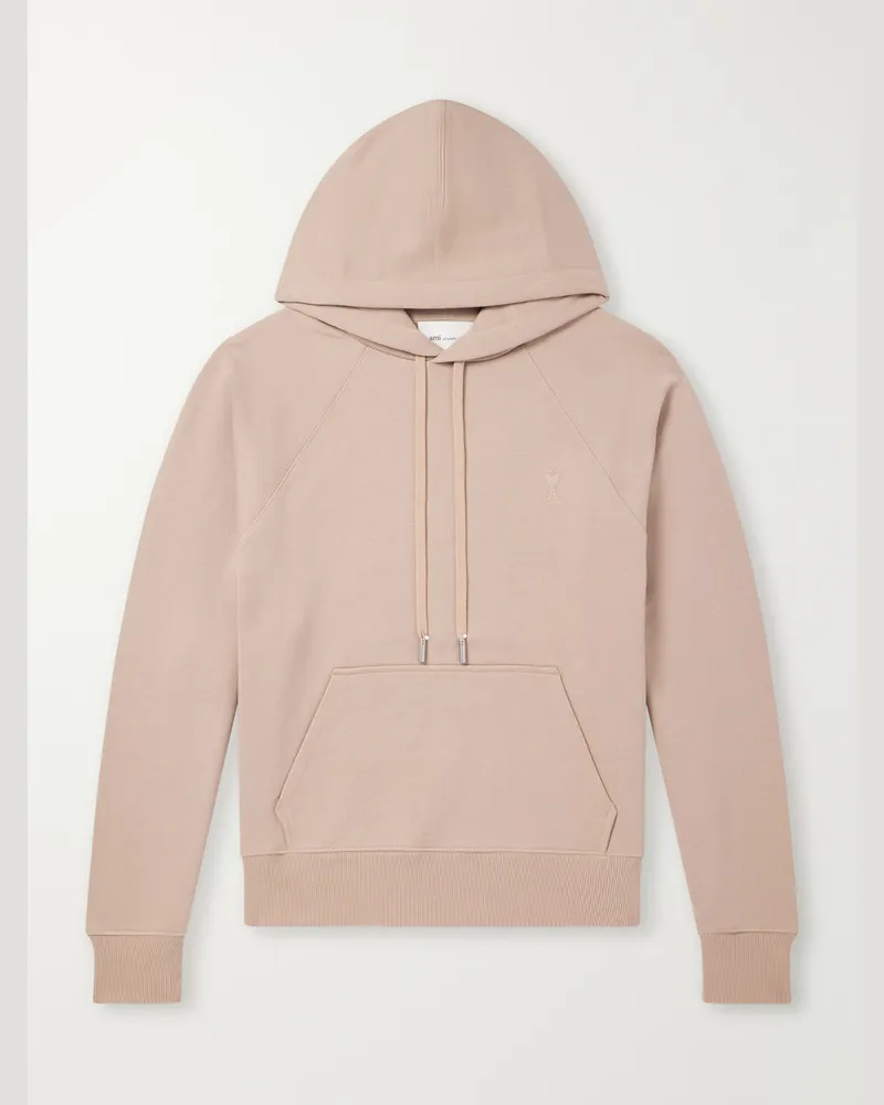 AMI Paris Logo-Embossed Cotton-Jersey Hoodie Neutrals
