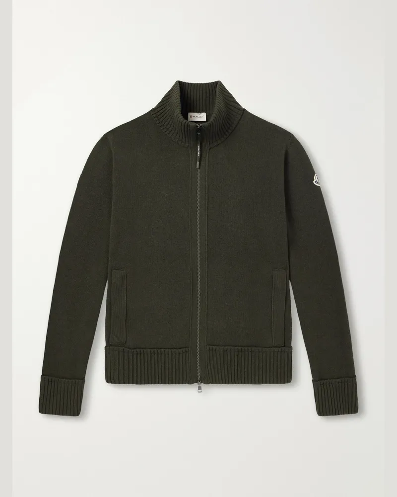 Moncler Logo-Appliquéd Wool and Cashmere-Blend Zip-Up Cardigan Green