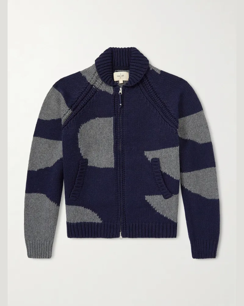 Folk Curve Two-Tone Knitted Zip-Up Cardigan Blue