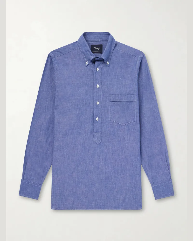 Drake's Button-Down Collar Cotton and Linen-Blend Polo Shirt Blue