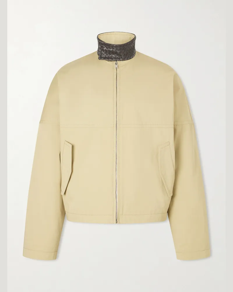 Bottega Veneta Intrecciato Leather-Trimmed Cotton-Gabardine Jacket Neutrals