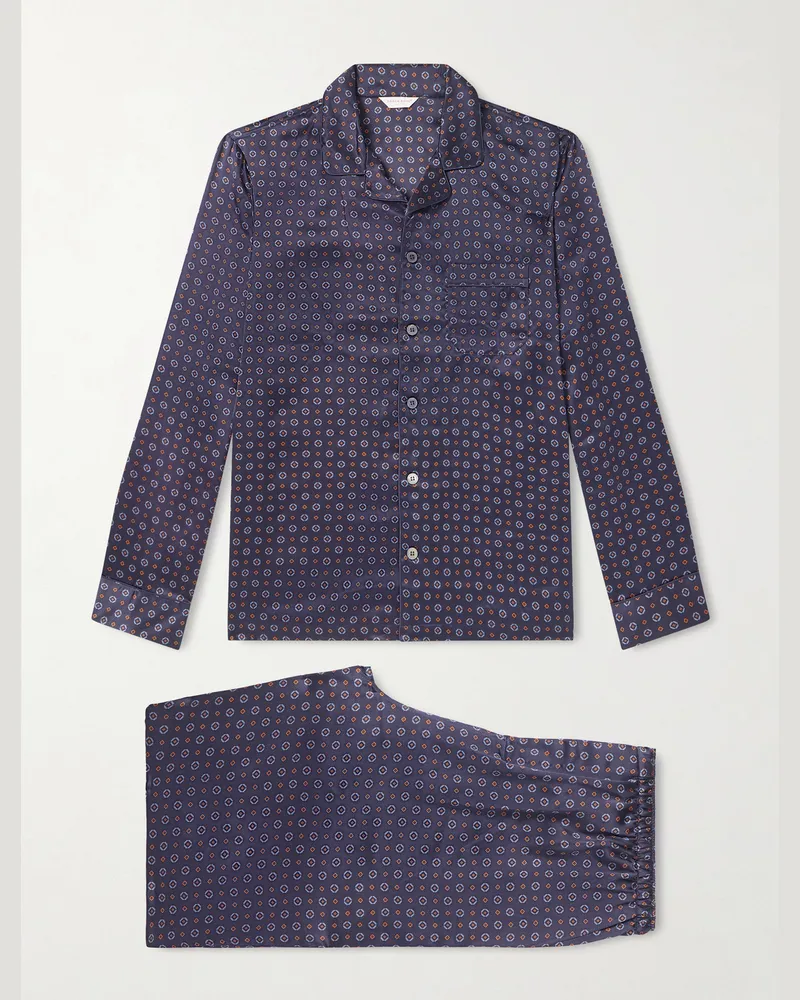 Derek Rose Brindisi 127 Camp-Collar Printed Silk-Satin Pyjama Set Blue