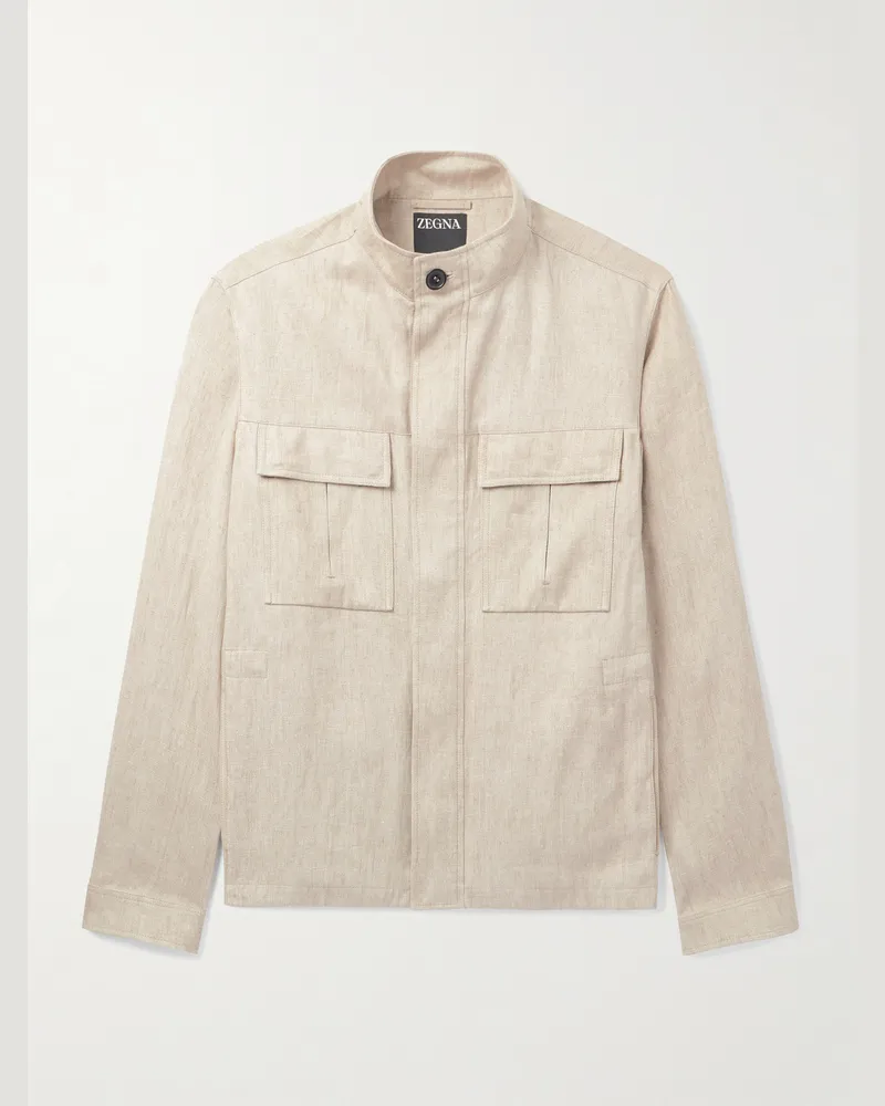 Ermenegildo Zegna Hemdjacke aus Leinen mit Lederbesatz Neutral