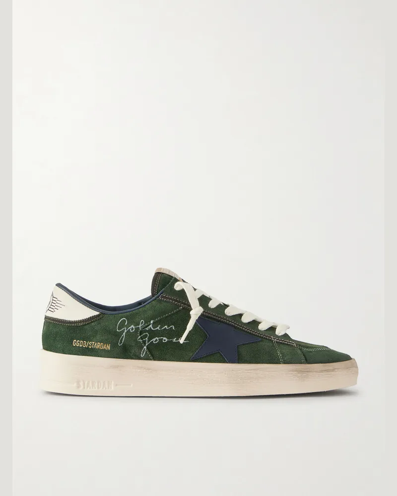 Golden Goose Stardan Distressed Leather-Trimmed Suede Sneakers Green