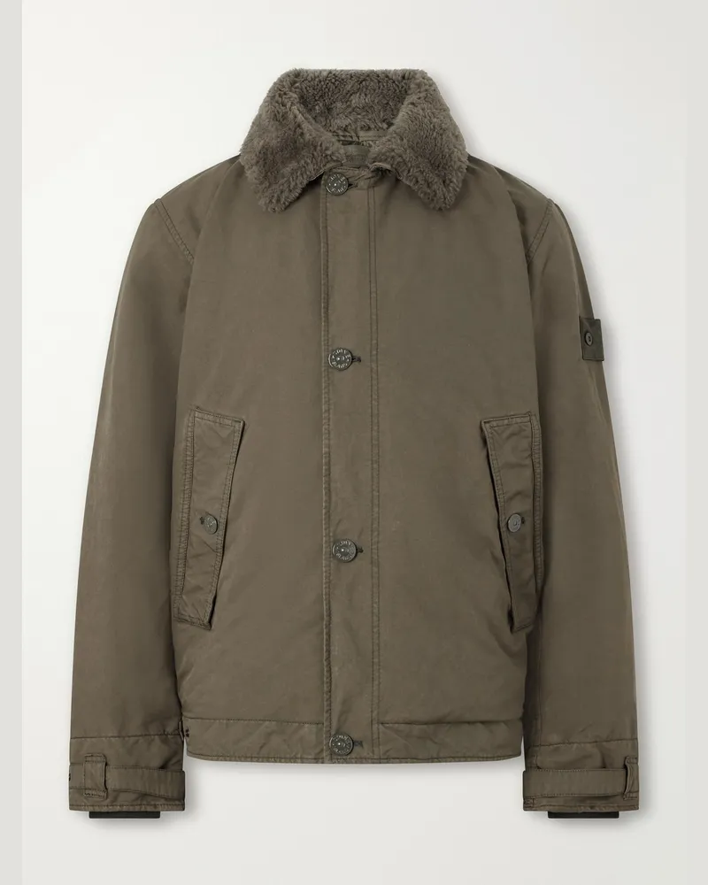 Stone Island GHOST Shearling-Trimmed Padded  Garment-Dyed David-tc Shell Jacket Green