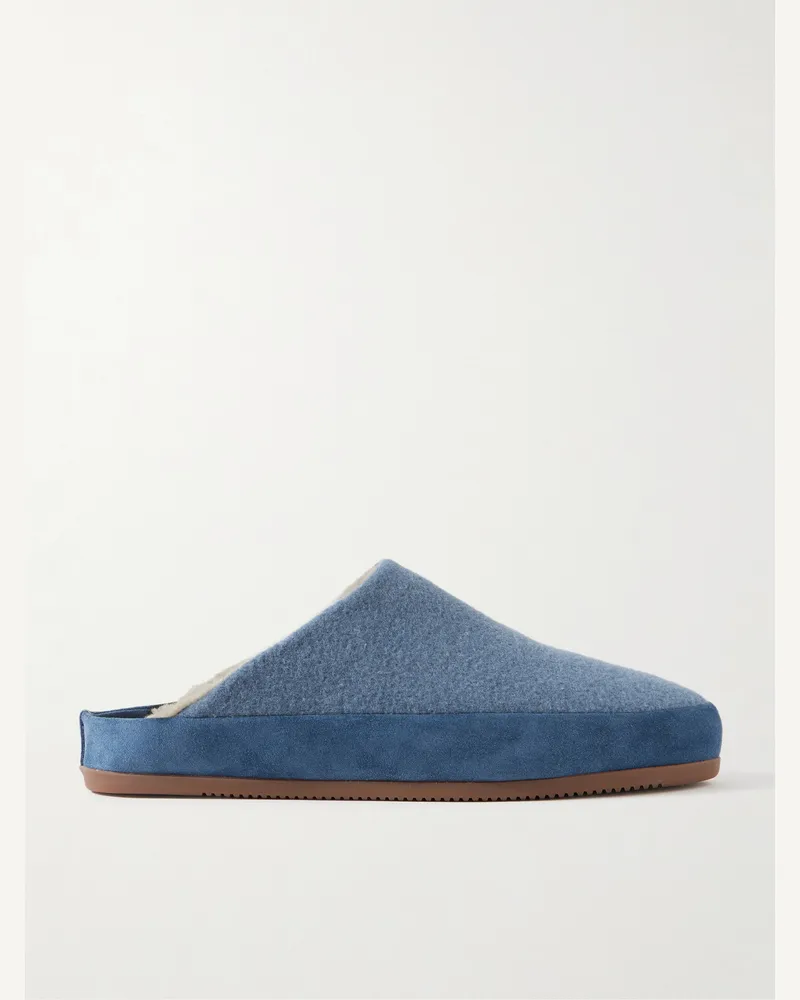 MULO Slippers aus Wolle mit Velourslederbesatz und Shearling-Futter Blau