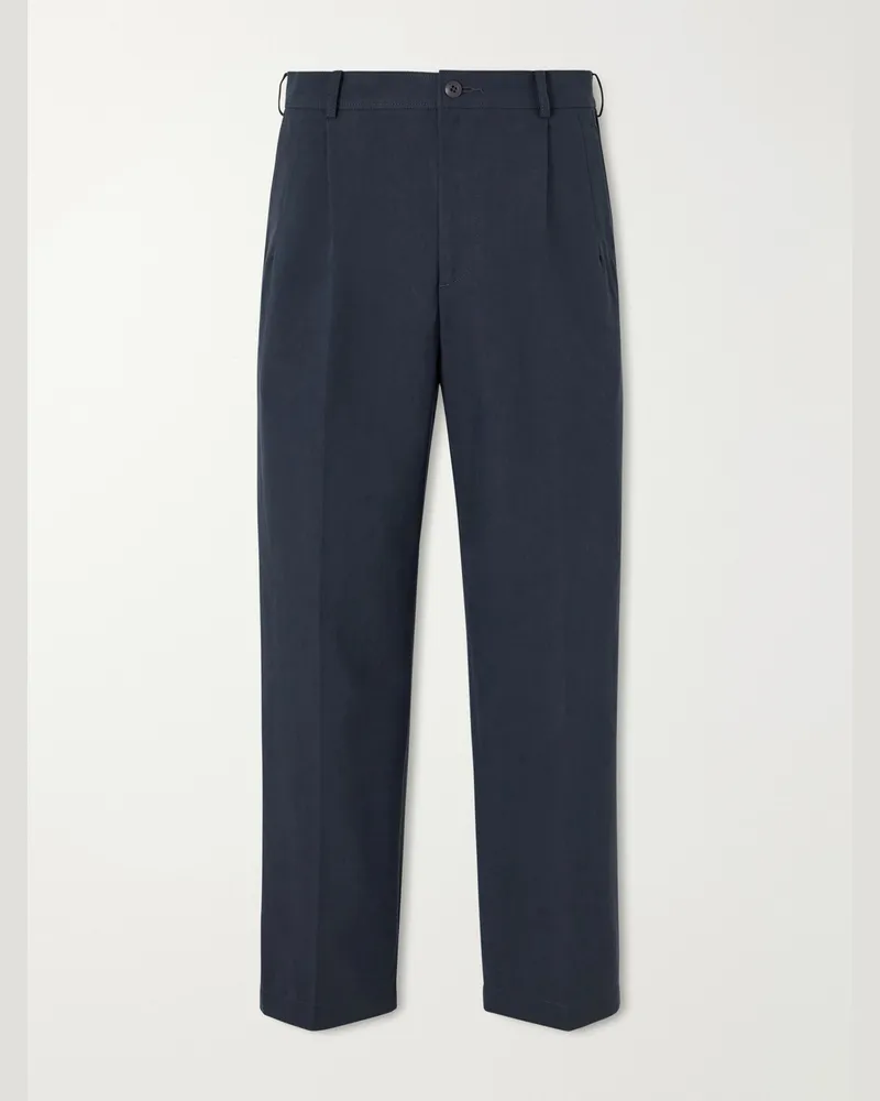 ATON Pleated Tapered Cotton Trousers Blue