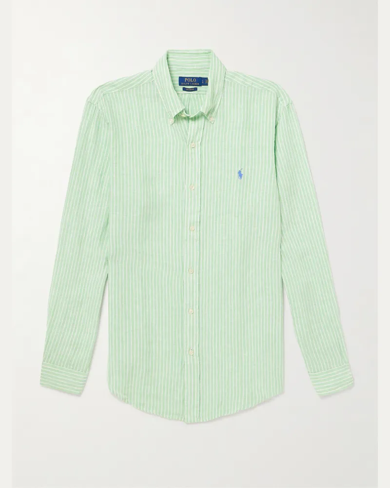 Ralph Lauren Gestreiftes Hemd aus Leinen mit Button-Down-Kragen und Logostickerei Grün