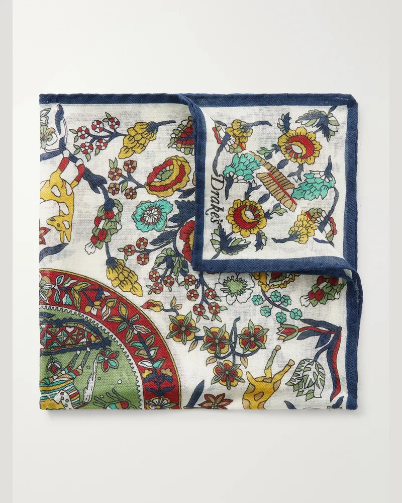 Drake's Folk Rider Printed Wool and Silk-Blend Gauze Pocket Square Neutrals