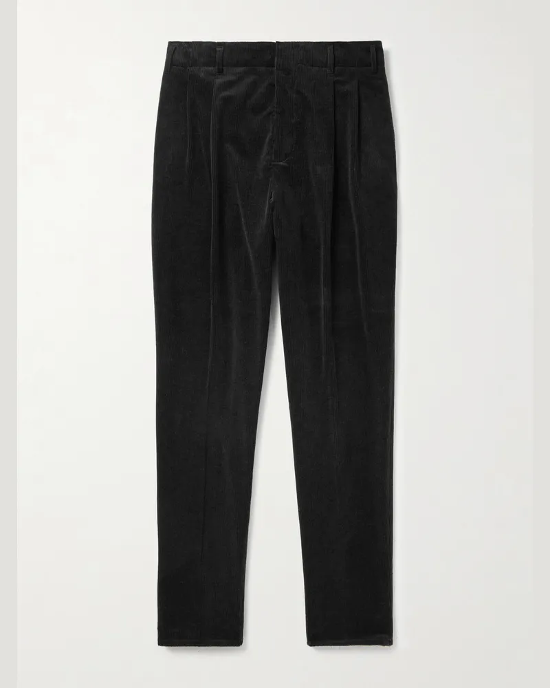 Brunello Cucinelli Tapered Pleated Stretch Cotton and Cashmere-Blend Corduroy Trousers Black