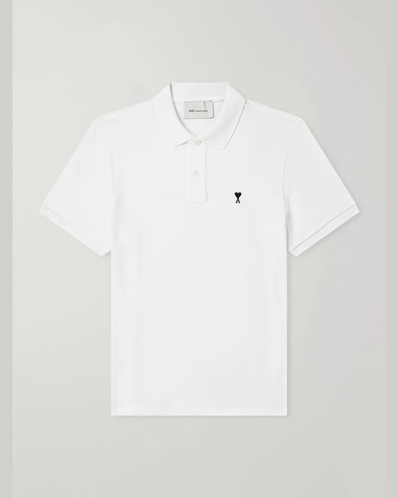 AMI Paris Logo-Embroidered Cotton-Piqué Polo Shirt White