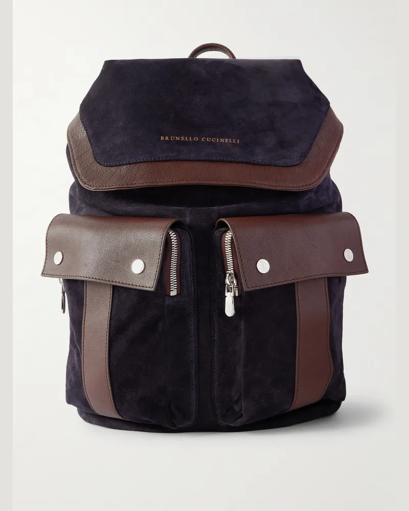Brunello Cucinelli Rucksack aus Veloursleder mit Lederbesatz Blau