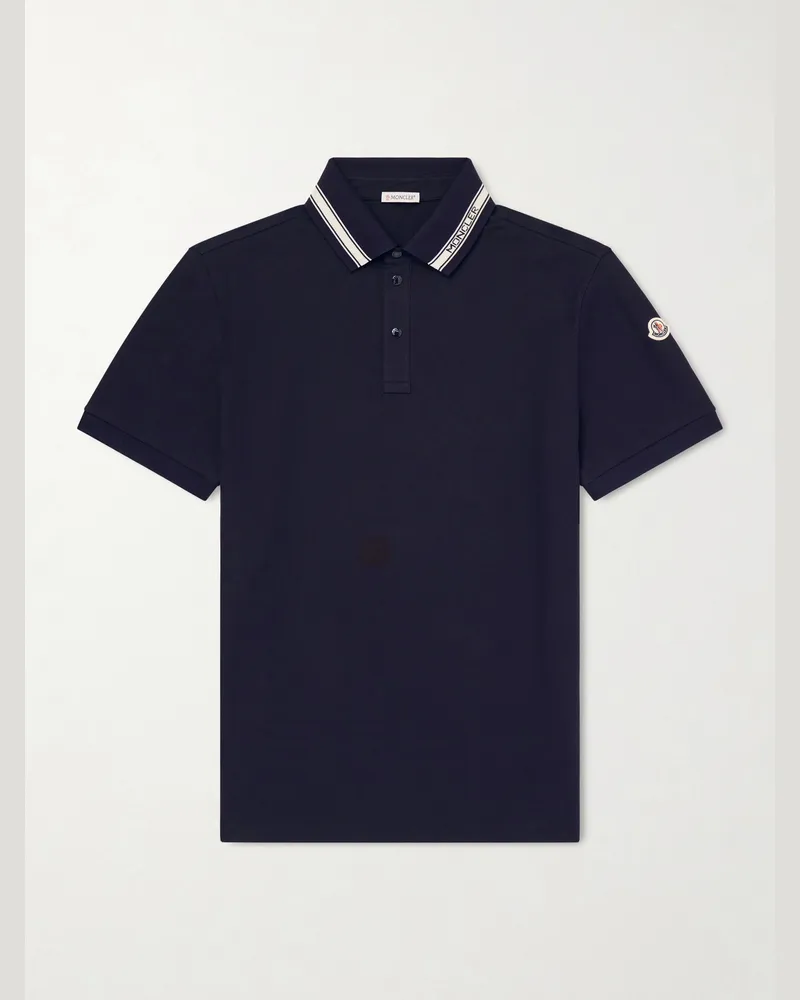 Moncler Logo-Appliquéd Honeycomb-Knit Cotton Polo Shirt Blue