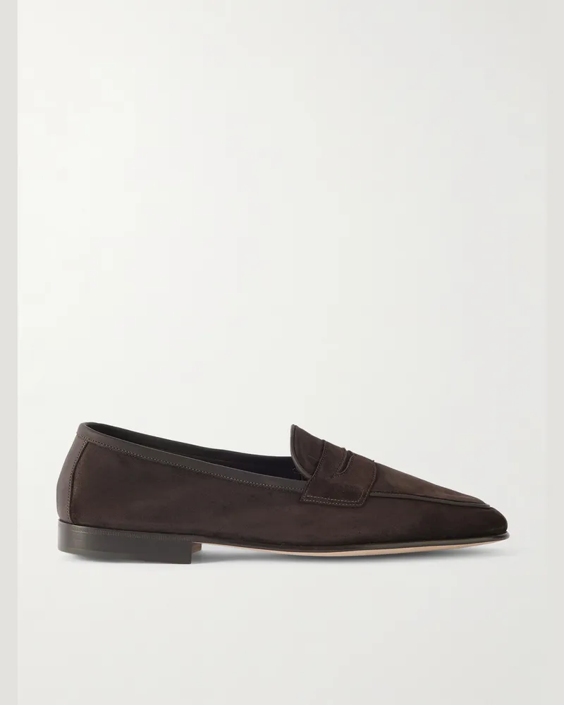 Edward Green Polperro Leather-Trimmed Suede Penny Loafers Brown