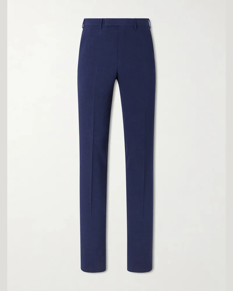 Ermenegildo Zegna Straight-Leg Wool, Silk and Linen-Blend Seersucker Trousers Blue