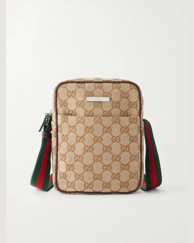 Gucci Tag Web-Trimmed GG-Canvas Messenger Bag Neutrals