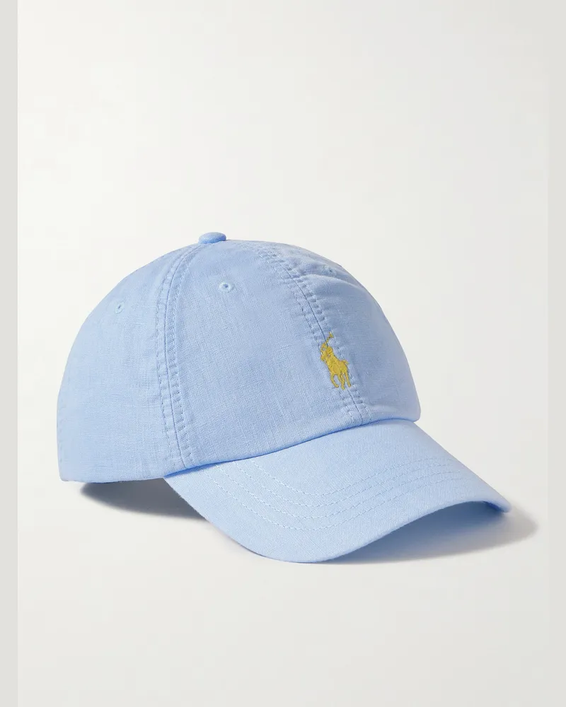 Ralph Lauren Leather-Trimmed Logo-Embroidered Linen Baseball Cap Blue