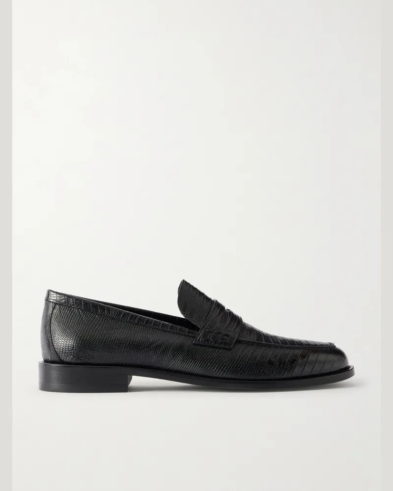 Manolo Blahnik Perry Lizard-Effect Leather Penny Loafers Black