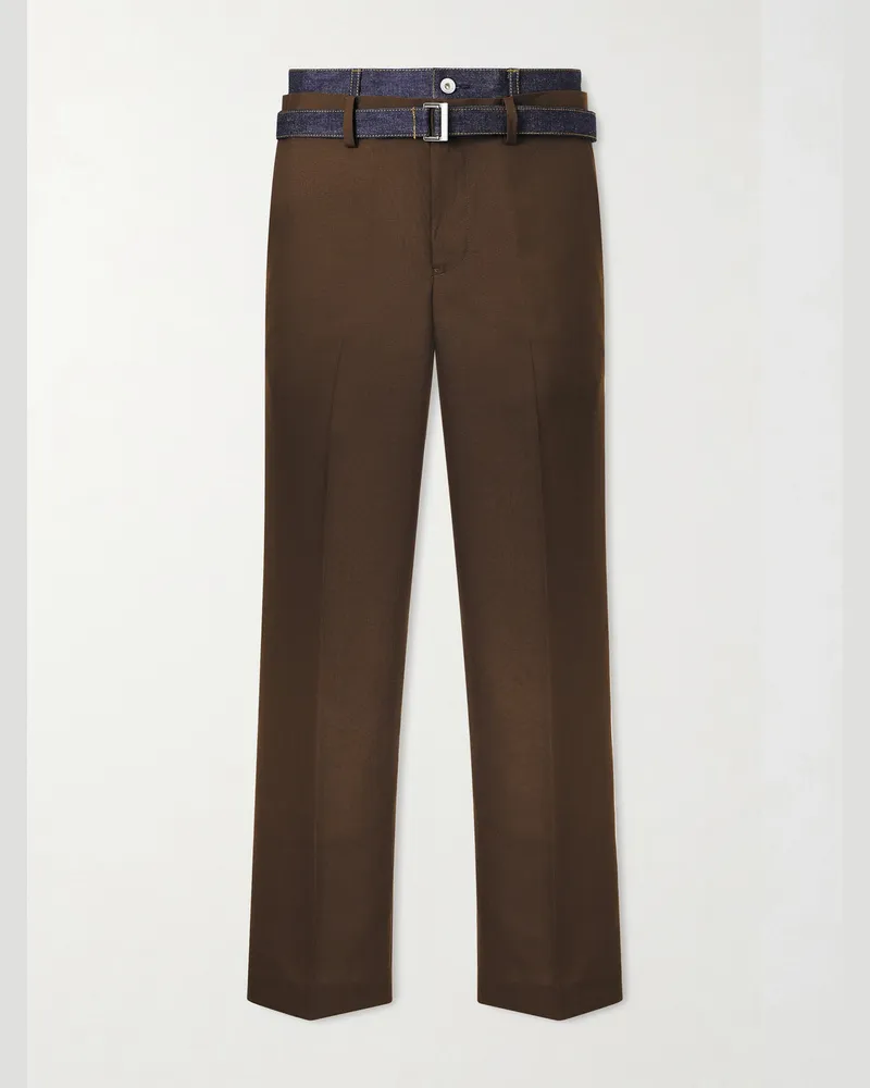 Sacai Straight-Leg Belted Denim-Trimmed Woven Trousers Brown