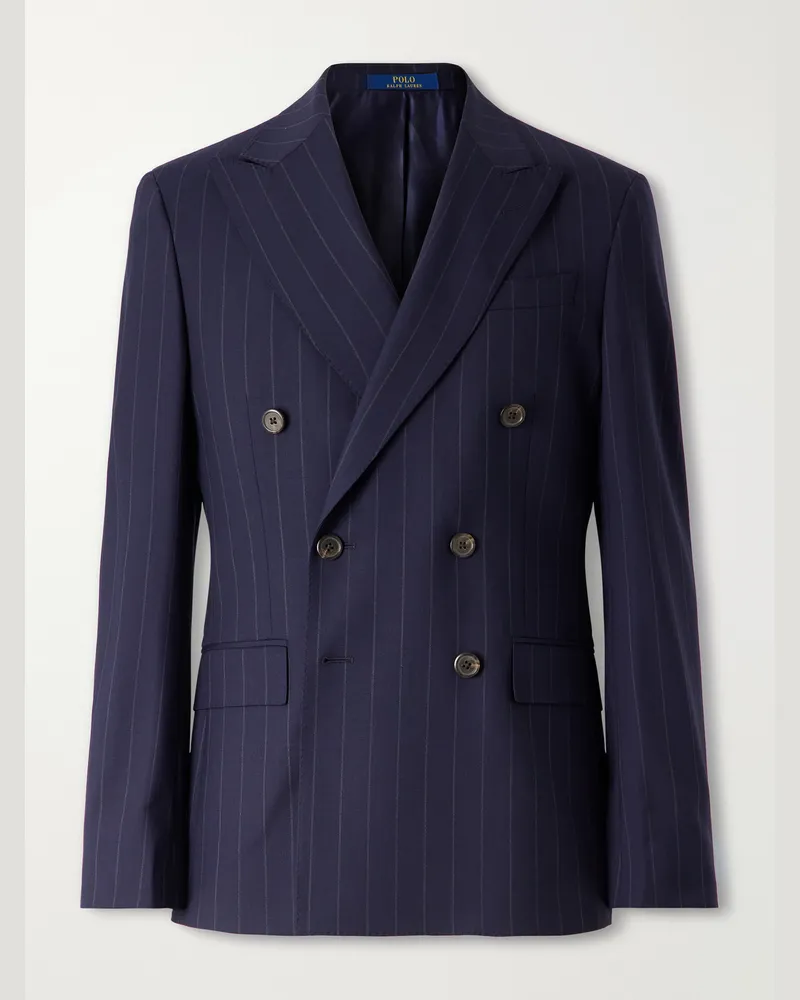 Ralph Lauren Double-Breasted Striped Wool-Blend Suit Jacket Blue