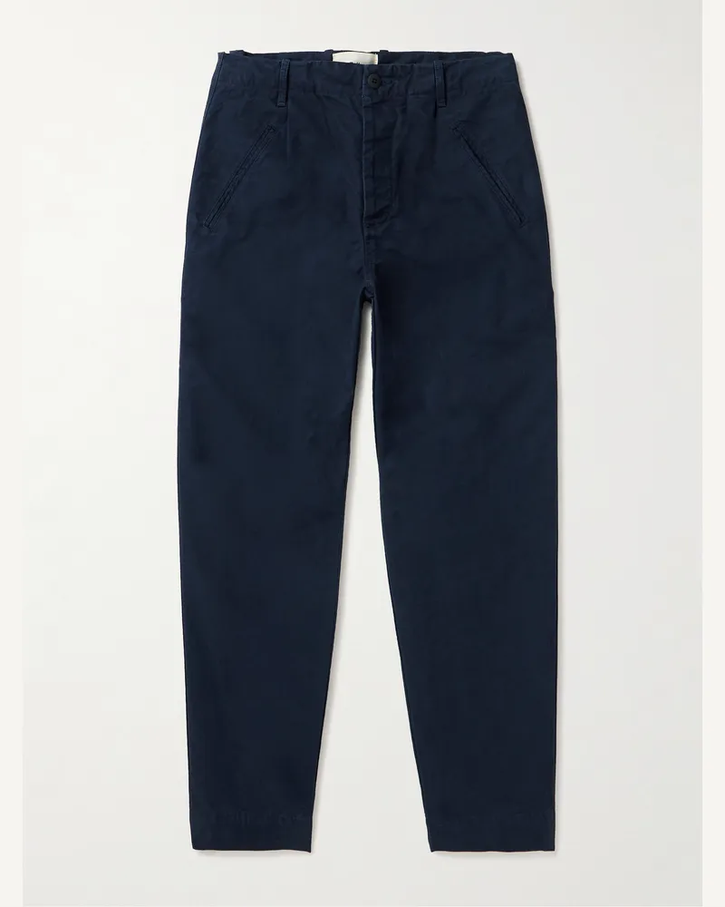 Folk Assembly Straight-Leg Pleated Cotton-Twill Trousers Blue