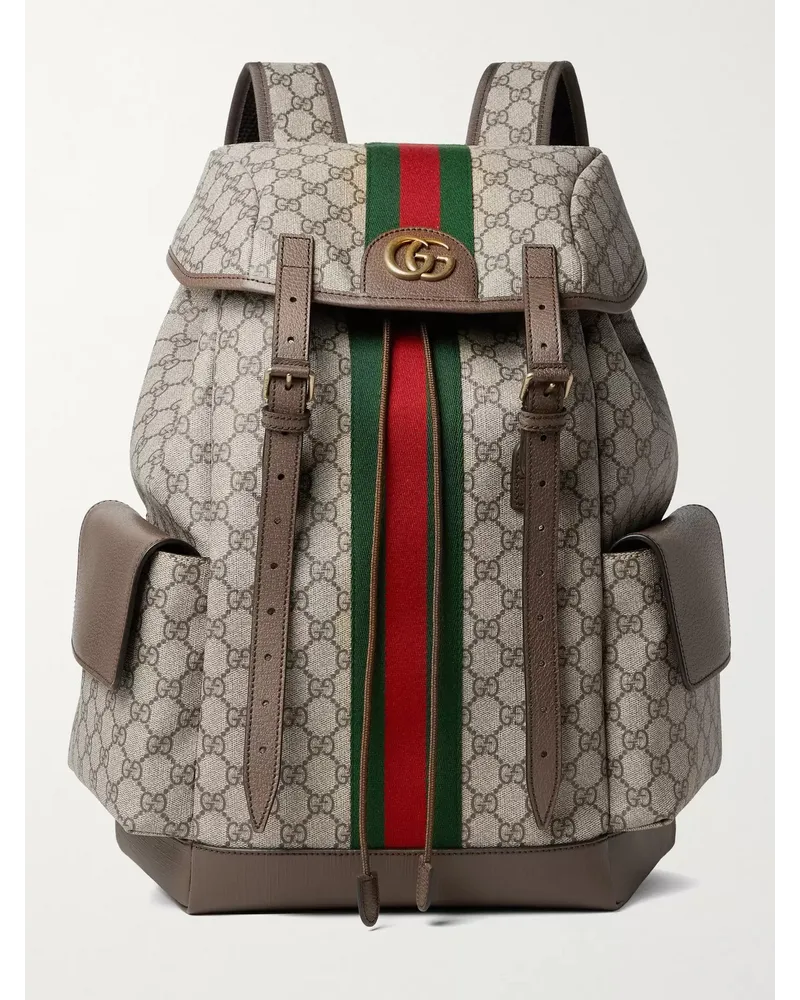 Gucci Ophidia Leather and Webbing-Trimmed Monogrammed Coated-Canvas Backpack Braun