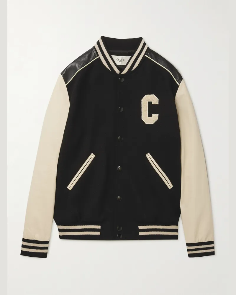 Celine Collegejacke aus einer Wollmischung und Leder mit Applikationen Schwarz