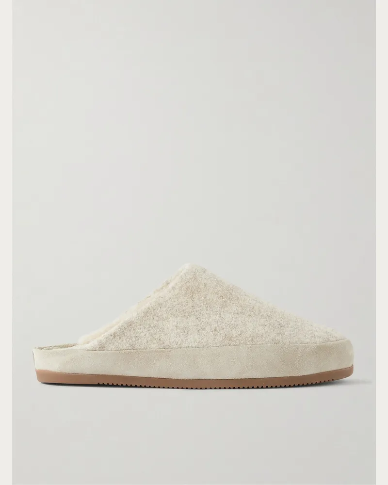 MULO Suede-Trimmed Shearling-Lined Recycled Wool Slippers White