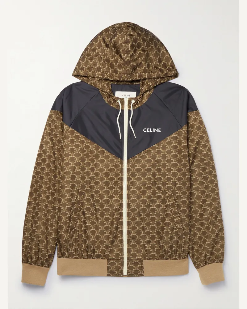 Celine Triomphe Trainingsjacke mit Kapuze mit Einsätzen aus Satin und Shell mit Logoprint Braun