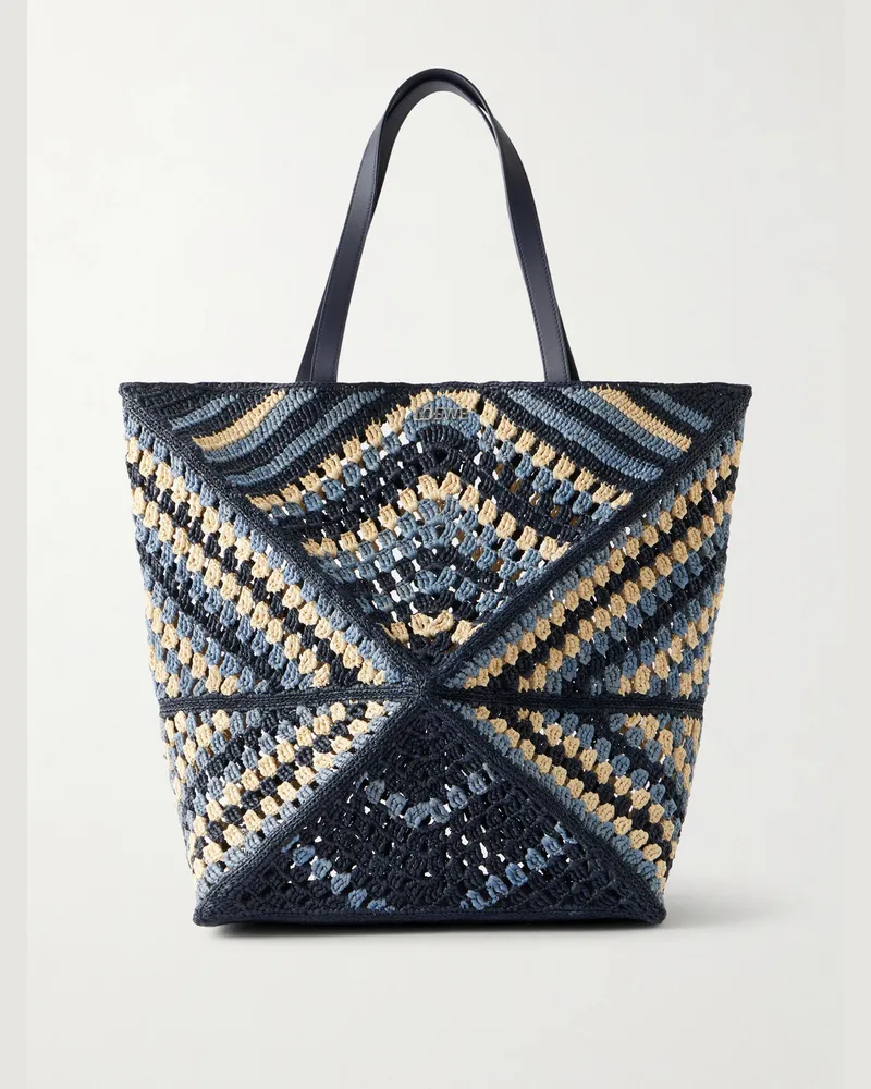 Loewe Paula's Ibiza Puzzle Fold Large Leather-Trimmed Raffia Shoulder Bag Blue