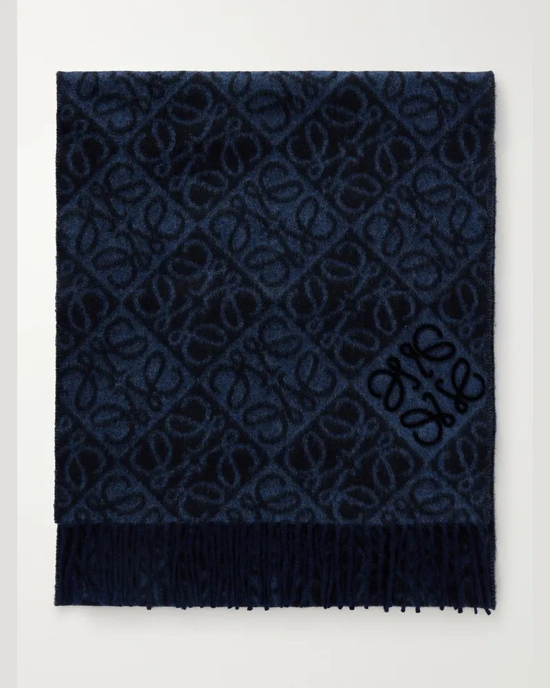 Loewe Anagram Fringed Jacquard-Knit Wool and Cashmere-Blend Scarf Blue